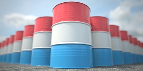 Flag of Luxembourg on the barrels or steel drums. Chemical or oil industry related 3D rendering