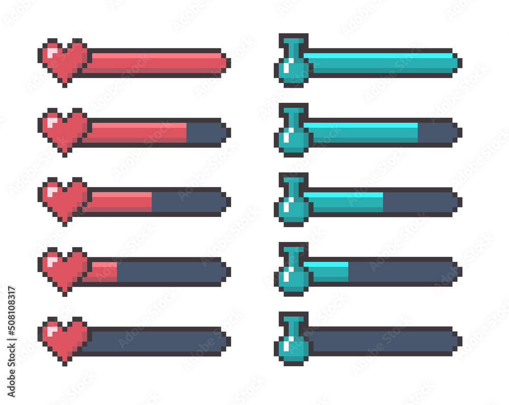 Poster cartoon color pixel game ui heart and potion button icon set flat design style concept. vector illus