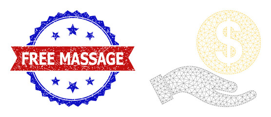 Network salary polygonal wireframe illustration, and bicolor rubber Free Massage seal. Red stamp seal contains Free Massage title inside ribbon and blue rosette.
