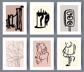 Simple creative art wall decorations for interior design collection. Set of modern abstract artwork for print for house decoration. Vector illustration. 