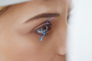 Eyesight Exam. Woman Checking Eye Vision On Optometry Equipment. Close Up of Girl Checking her...