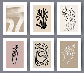 Fototapeta na wymiar Set of neutral minimalistic hand drawn wall art designs. Collection of Scandinavian abstract posters or banners. Bundle or Nordic artwork for decoration. Vector illustration. 