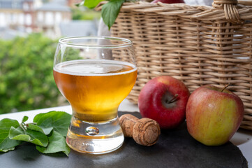 Glass of cold apple cider drink and houses of Etretat village on background, Normandy, France