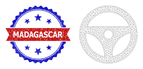 Mesh net steering wheel polygonal wireframe icon, and bicolor grunge Madagascar seal stamp. Red stamp seal includes Madagascar tag inside ribbon and blue rosette.