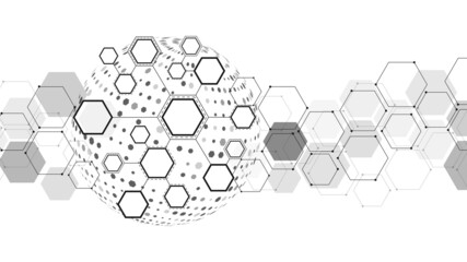 Halftone vector background frame for icons, symbols. Pattern plexus geometric shapes, hexagons, spheres, lines, circles. Network cells. Digital communication. Banner technology, medicine, business.