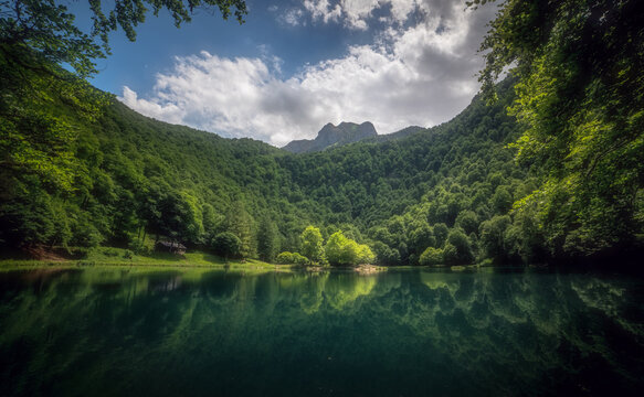 green pond of Bethmale in Ariege Pyrenees France