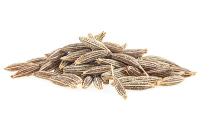 Pile of organic cumin seeds isolated on a white background, macro.