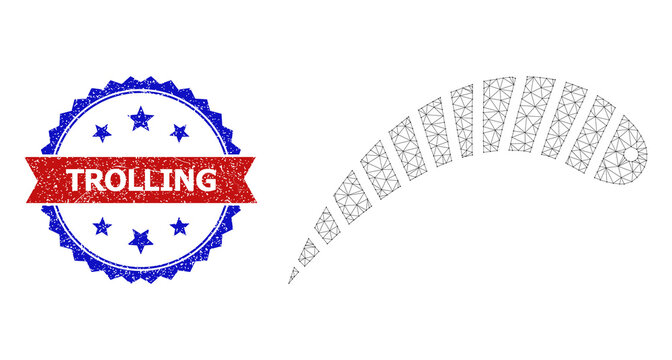 Network worm polygonal model icon, and bicolor textured Trolling stamp. Red stamp contains Trolling text inside ribbon and blue rosette. Vector carcass polygonal network worm icon.
