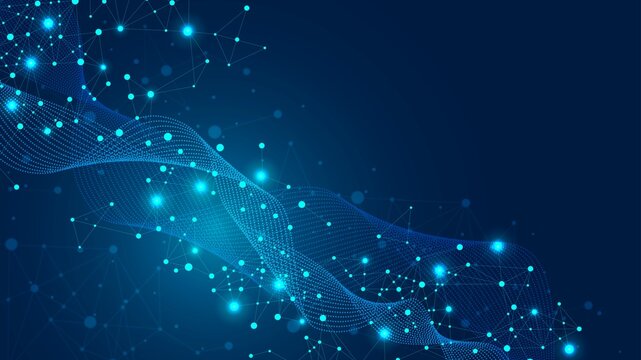 Neon background frame. Wave connection design. Texture of plexus particles, lines, circles, dots. Open space. Digital network. Glowing stars. Poster technology, medicine, business. Vector