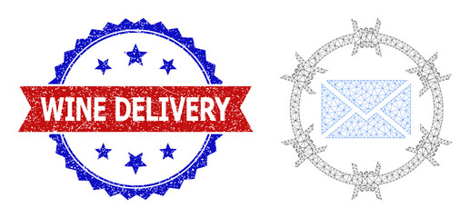 Mesh net mail arrest polygonal carcass illustration, and bicolor dirty Wine Delivery seal. Red stamp seal includes Wine Delivery caption inside ribbon and blue rosette.