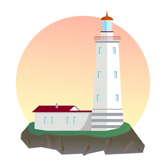 Lighthouse againts the sun flat vector illustration. Embleme amd logo design.