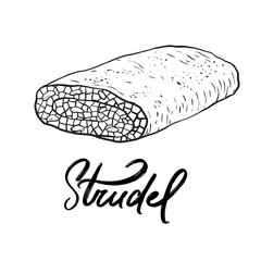 Hand drawn Viennese strudel isolated on white background. Black and white outline baking illustration