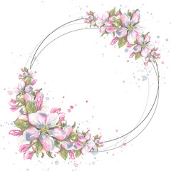 Obraz na płótnie Canvas Round frame with apple blossoms and splashes of paint. Watercolor illustration. For the decoration and design of postcards. souvenirs, posters, invitations, booklets, menus.