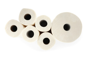 Many rolls of paper towels on white background, top view