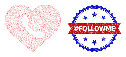 Network love call polygonal frame icon, and bicolor rubber #Followme stamp. Red stamp includes #Followme tag inside ribbon and blue rosette. Vector frame polygonal mesh love call icon.