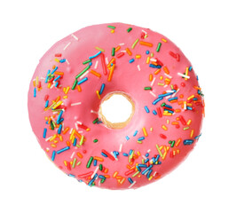 Sweet tasty glazed donut decorated with sprinkles isolated on white