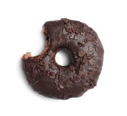 Sweet bitten glazed donut decorated with chocolate isolated on white, top view