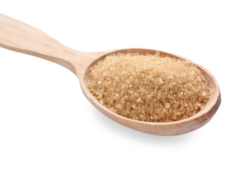 Brown sugar in wooden spoon isolated on white