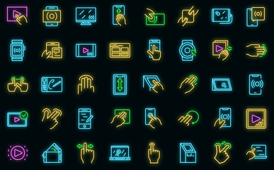 Touchscreen icon outline vector. Phone hand. Mobile system vector neon