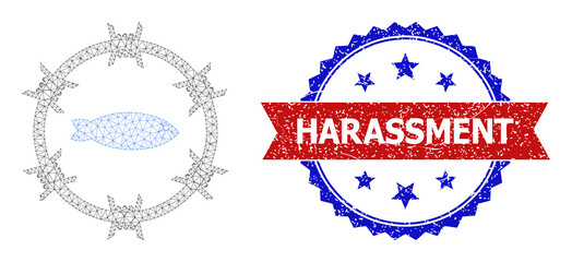 Net fish arrest polygonal carcass icon, and bicolor rubber Harassment seal stamp. Red stamp seal includes Harassment tag inside ribbon and blue rosette. Vector frame polygonal mesh fish arrest icon.