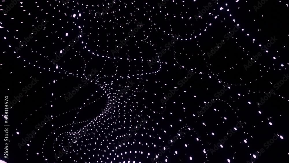 Poster curved energy flows from points. design. point lines move in cosmic stream on black background. math