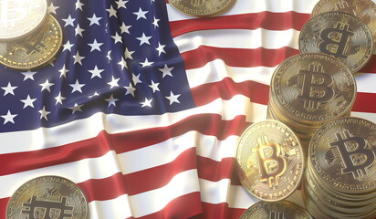 Flag of the USA and bitcoin coins or tokens, cryptocurrency related 3D rendering
