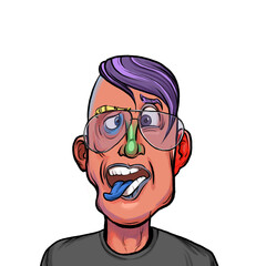 Caricature humor illustration of imaginary cartoon person with funny facial expression isolated on white background