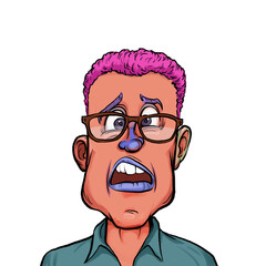 Caricature humor illustration of imaginary cartoon person with funny facial expression isolated on white background