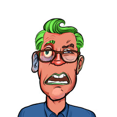 Caricature humor illustration of imaginary cartoon person with funny facial expression isolated on white background