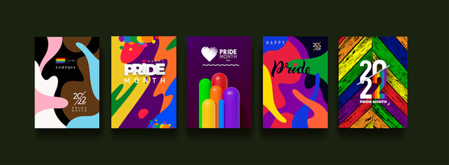 Set of Pride month 2022 logo card with flag. Vector banner, rainbow pride symbol with heart, LGBT, sexual minorities, gays and lesbians. Designer sign, logo 2022, icon colorful rainbow. - obrazy, fototapety, plakaty