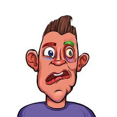 Caricature humor illustration of imaginary cartoon person with funny facial expression isolated on white background