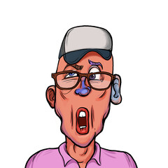 Caricature humor illustration of imaginary cartoon person with funny facial expression isolated on white background