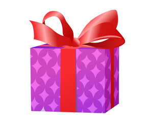 Gift violet box. Beautiful packaging with red bow for present. Advertising poster or banner for website. Discounts and promotions. Realistic isometric vector illustration isolated on white