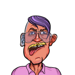Caricature humor illustration of imaginary cartoon person with funny facial expression isolated on white background