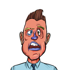 Caricature humor illustration of imaginary cartoon person with funny facial expression isolated on white background