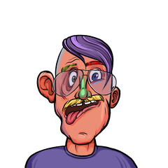 Caricature humor illustration of imaginary cartoon person with funny facial expression isolated on white background