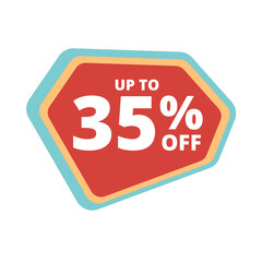 Up to 35 percentage off special offer. Vector colorful sale banner, discount, sticker, sign, icon, label. Hot offer coupon up to 35 percentage off on white background. Vector illustration