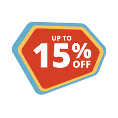 Up to 15 percentage off special offer. Vector colorful sale banner, discount, sticker, sign, icon, label. Hot offer coupon up to 15 percentage off on white background. Vector illustration