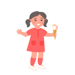 Little girl with cone and three balls of ice cream vector illustration. Child in red dress smiling and enjoying eating of ice cream.