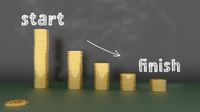Money reduction concept image. Stacks of coins in a decrease financial concept. 3d rendering