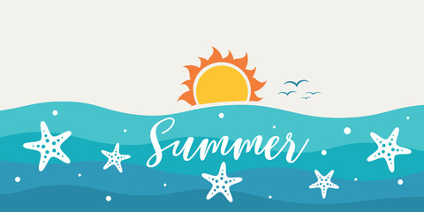 Fototapeta premium Summer background in tropical colors with blue sea waves and sunrise.