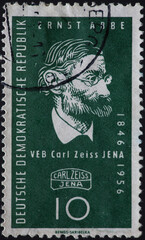GERMANY, DDR - CIRCA 1956: a postage stamp from GERMANY, DDR, showing a portrait of the physicist and social reformer Ernst Abbe . Zeiss symbol. 110 years Carl Zeiss-Werke Jena . Circa 1956