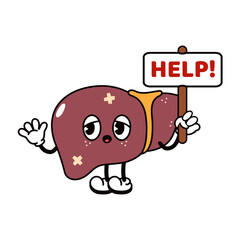 Sad suffering sick cute human liver organ asks for help character. Vector flat cartoon illustration icon design. Isolated on white backgound. Suffering unhealthy liver character concept