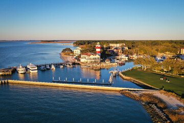 Aerial View of Harbour Town and lighthouse on Hilton Head Island South Carolina - obrazy, fototapety, plakaty