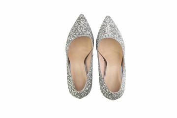 Obraz premium Classic and elegant high-heeled women shoes. Isolated object close up on white background. Top view. Fashion shoes.