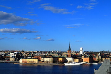 Obraz na płótnie Canvas Great view over Stockholm city. One spring day in May. Central part of the town with the lake Malaren or Mälaren. Stockholm, Sweden, Scandinavia, Europe.