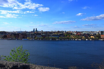 Great view over Stockholm city. One spring day in May. Central part of the town with the lake Malaren or Mälaren. Stockholm, Sweden, Scandinavia, Europe.