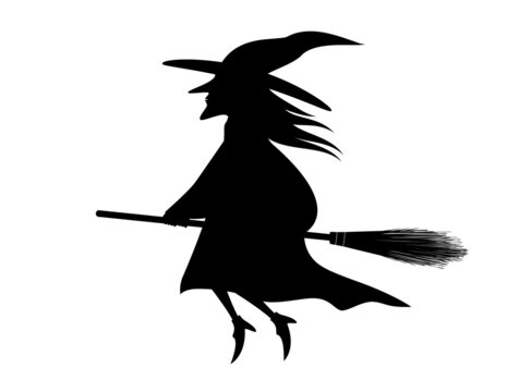 Halloween witch flying on her broom stick, vector illustration silhouette