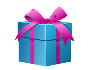 Gift blue box. Beautiful packaging with violet bow for present. Stylish icons for website, surprises for users and special offers. Posters for online store. Realistic isometric vector illustration