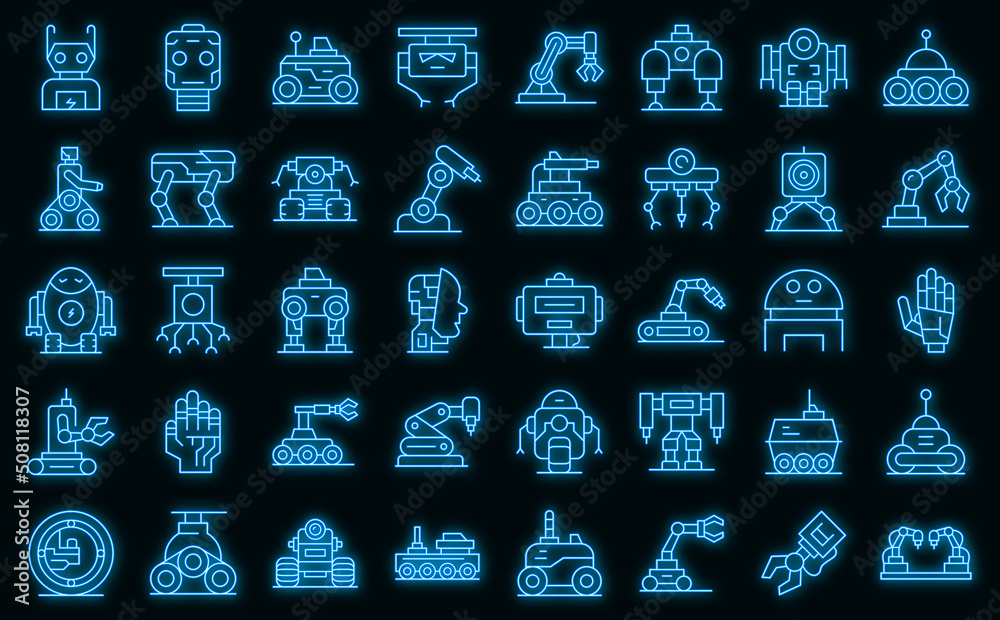 Poster robotics icons set outline vector. smart tech. future robot vector neon